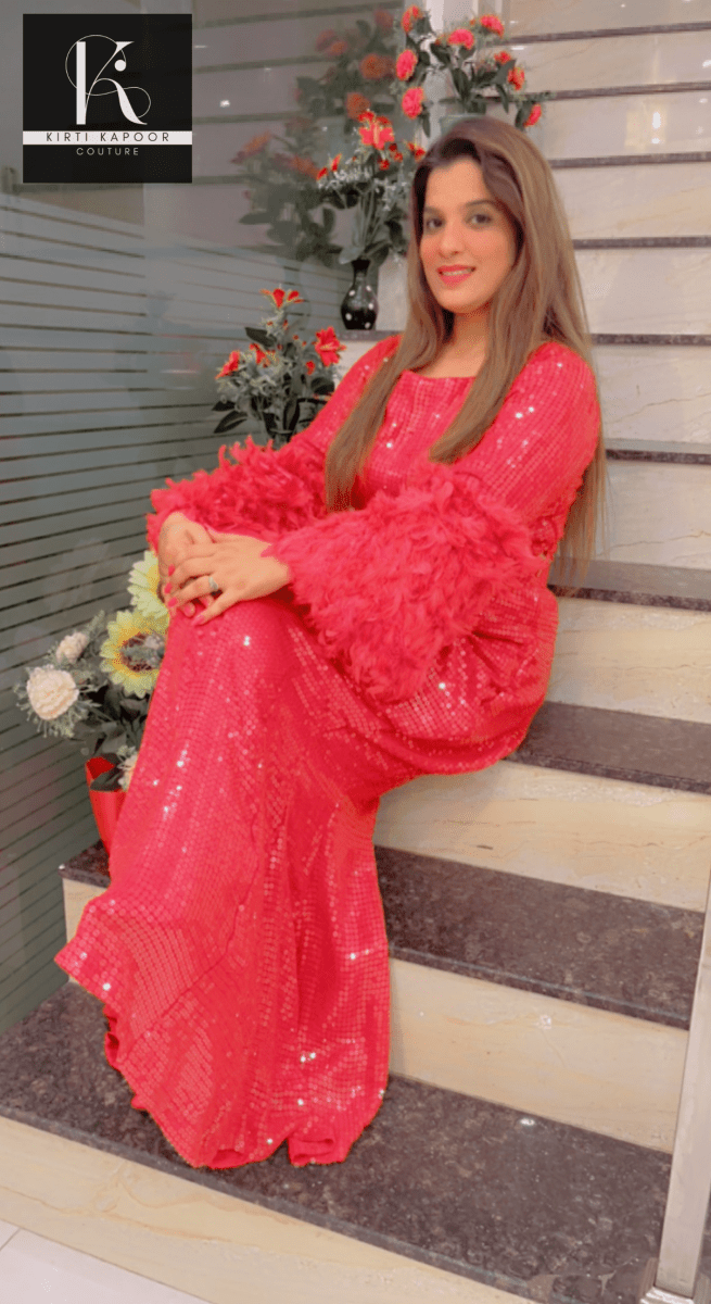 Red Sequence Top With Fish - Cut Skirt - Kirti Kapoor Couture