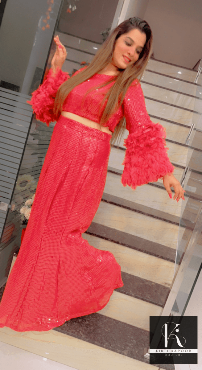 Red Sequence Top With Fish - Cut Skirt - Kirti Kapoor Couture