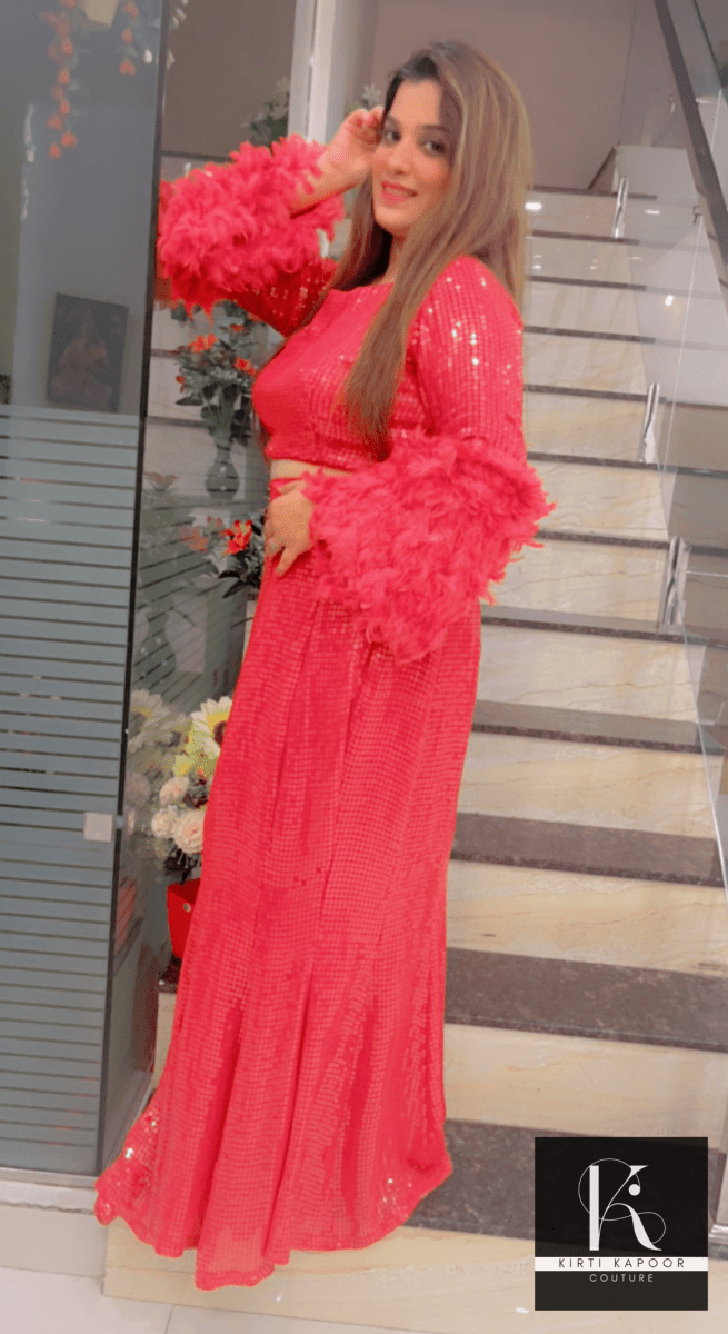 Red Sequence Top With Fish - Cut Skirt - Kirti Kapoor Couture