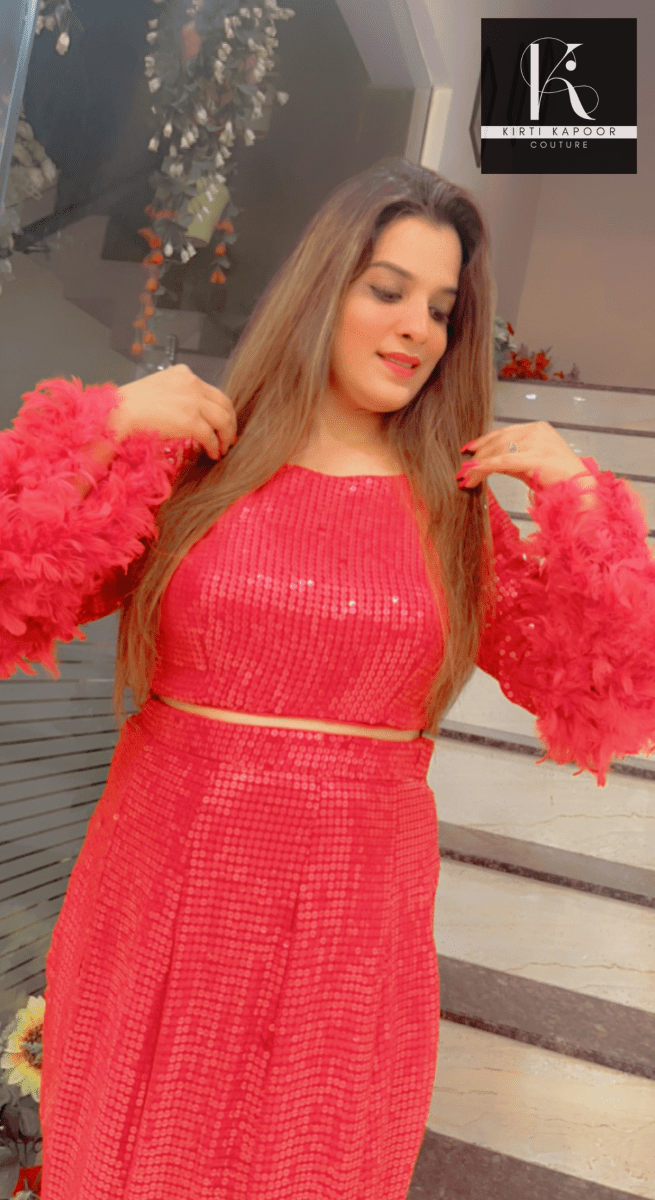 Red Sequence Top With Fish - Cut Skirt - Kirti Kapoor Couture