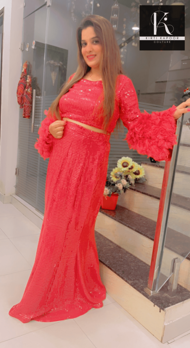 Red Sequence Top With Fish - Cut Skirt - Kirti Kapoor Couture