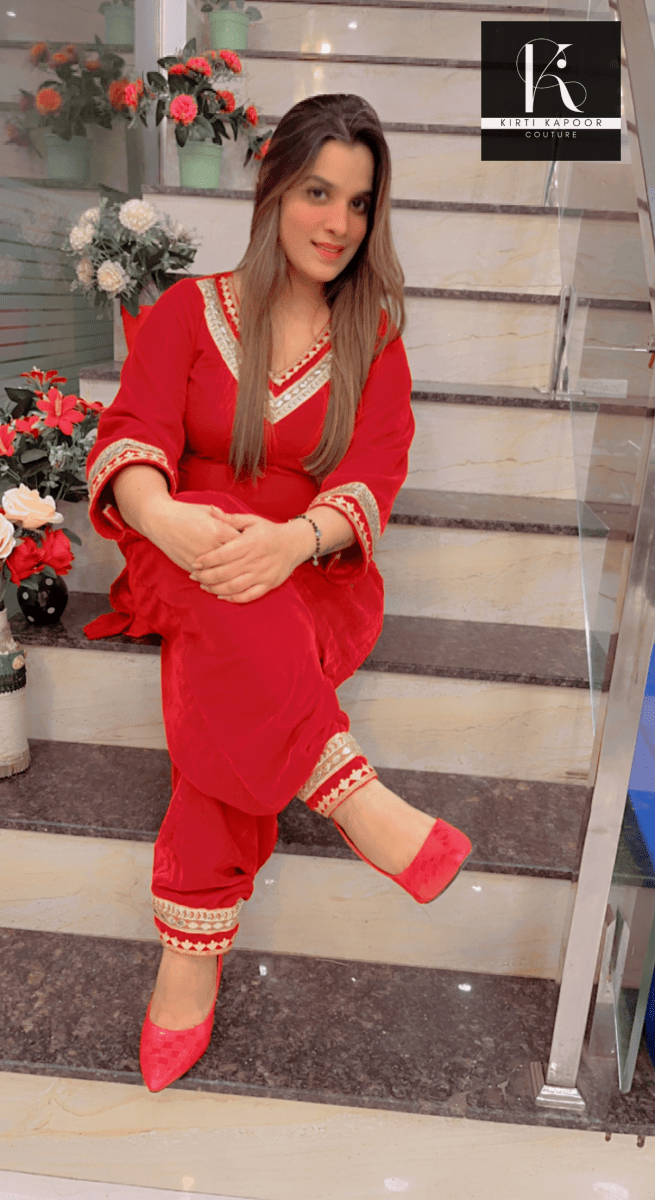 Red Velvet Suit with Designer Lace - work - Kirti Kapoor Couture