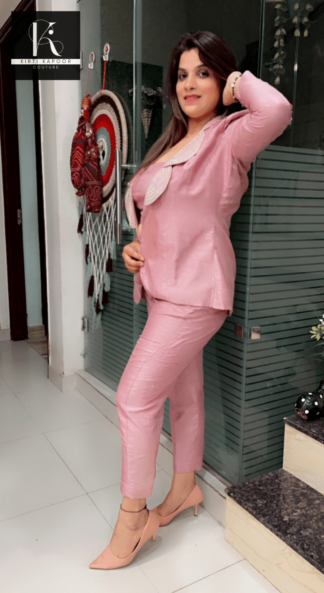 Rose Pink Hand - Embroidered Blazer Set (Three - Piece Set) - Kirti Kapoor Couture