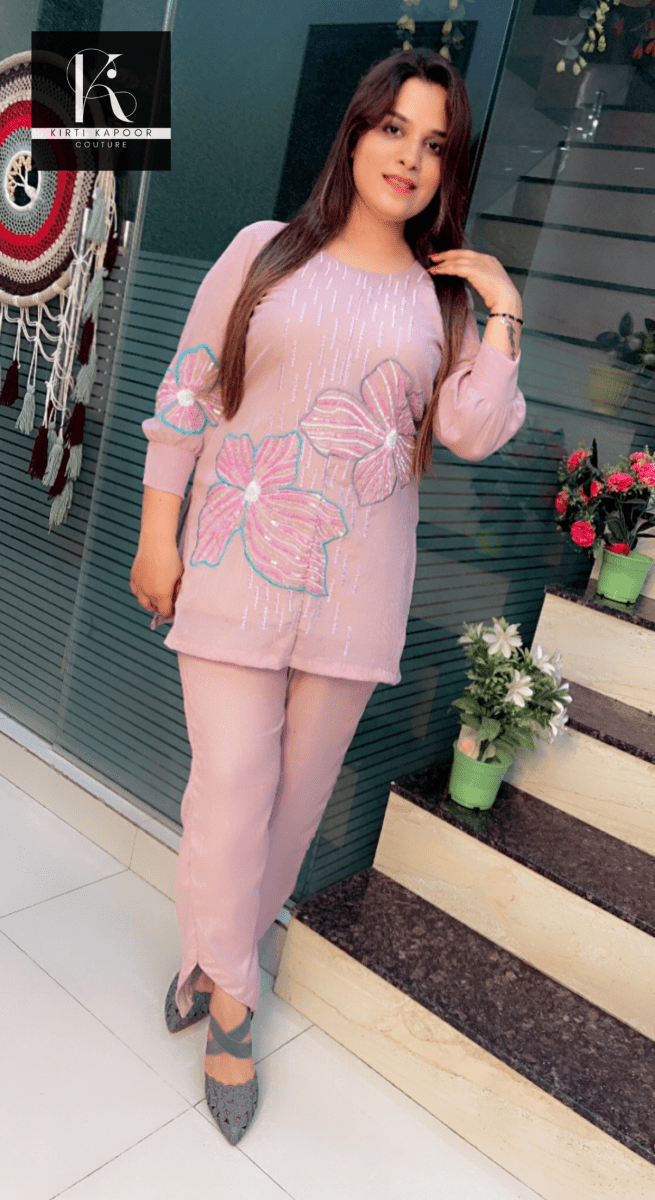 Rose Pink Hand - Embroidered Shimmer Co - ord Set - Kirti Kapoor Couture