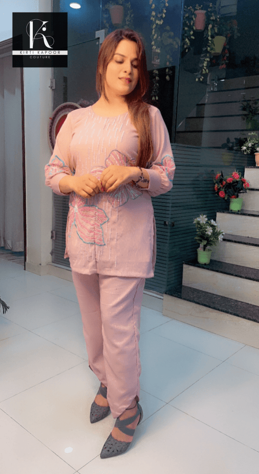 Rose Pink Hand - Embroidered Shimmer Co - ord Set - Kirti Kapoor Couture