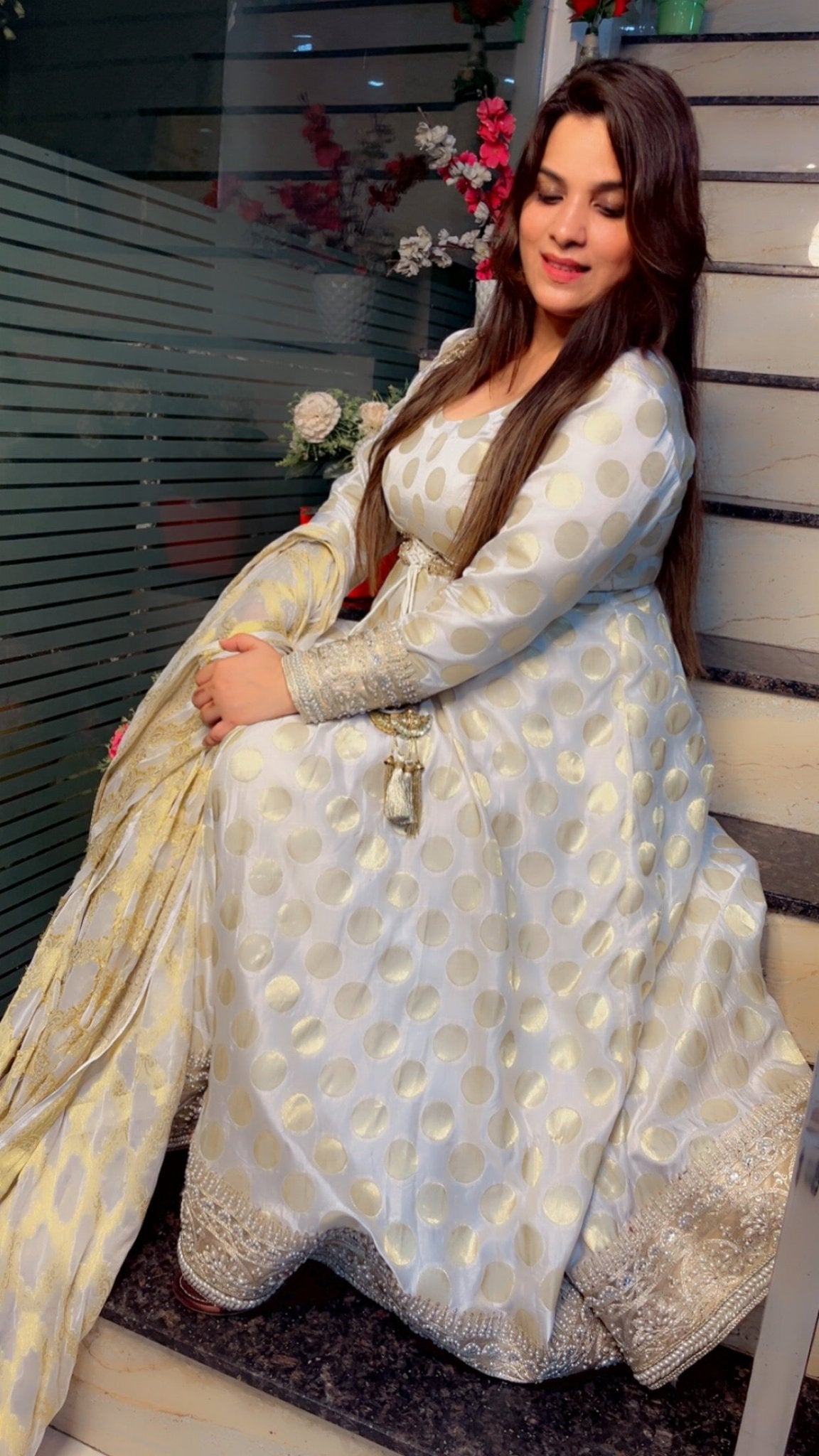Royal and Ethnic White Brocade Anarkali with Banarasi Dupatta - Kirti Kapoor Couture