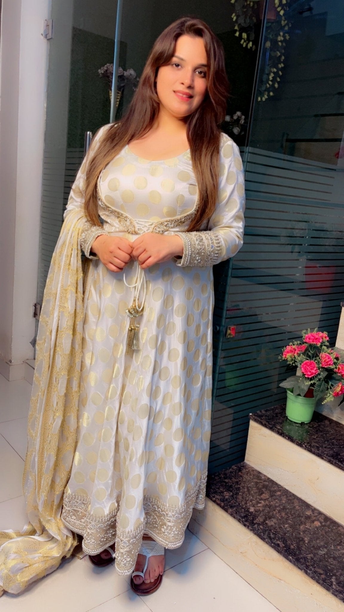 Royal and Ethnic White Brocade Anarkali with Banarasi Dupatta - Kirti Kapoor Couture