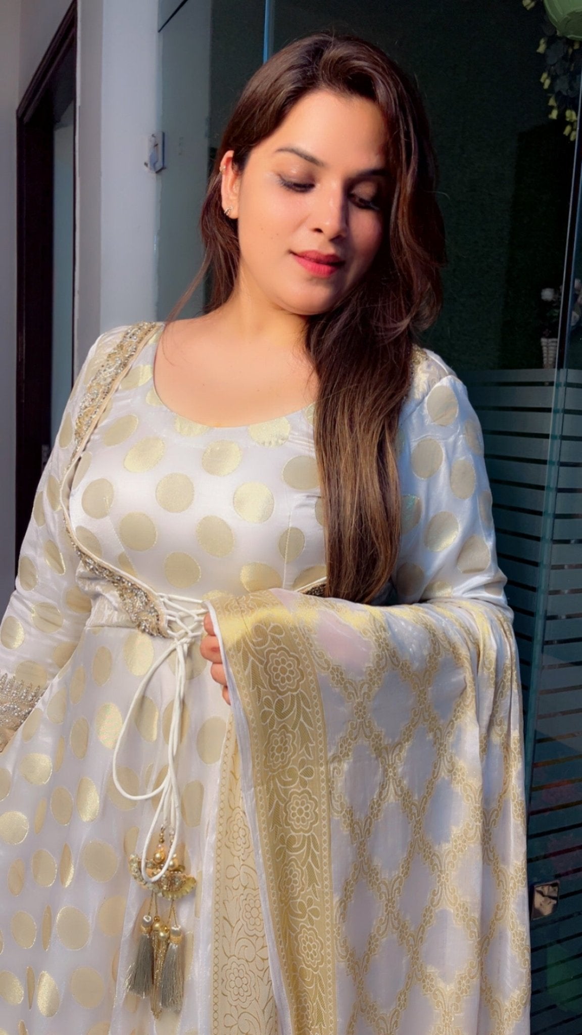 Royal and Ethnic White Brocade Anarkali with Banarasi Dupatta - Kirti Kapoor Couture