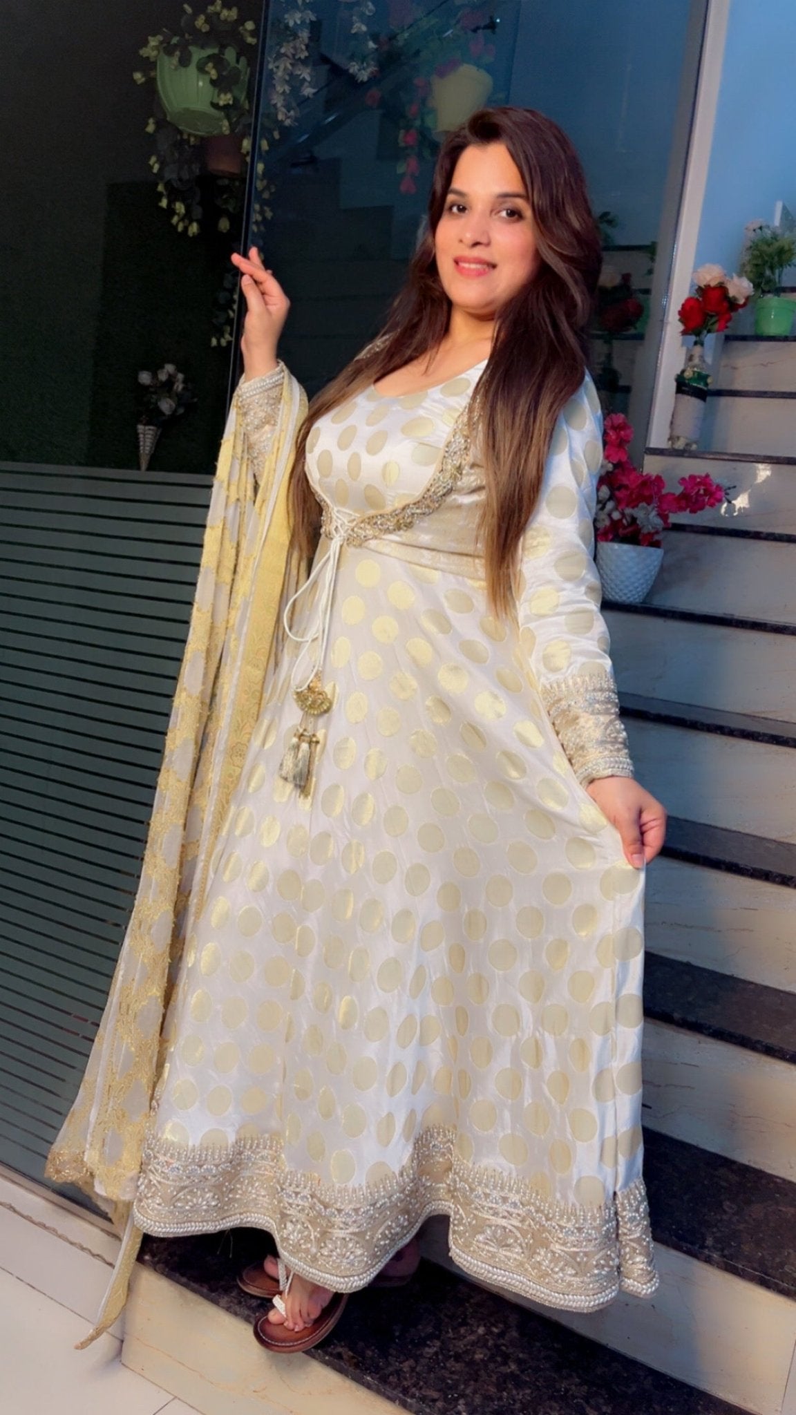 Royal and Ethnic White Brocade Anarkali with Banarasi Dupatta - Kirti Kapoor Couture