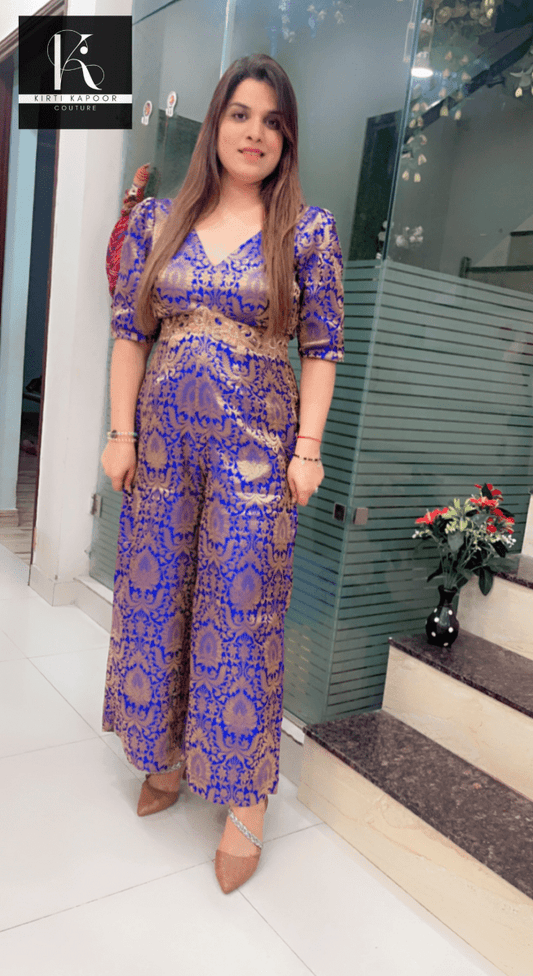 Royal Blue Brocade Jumpsuit - Kirti Kapoor Couture