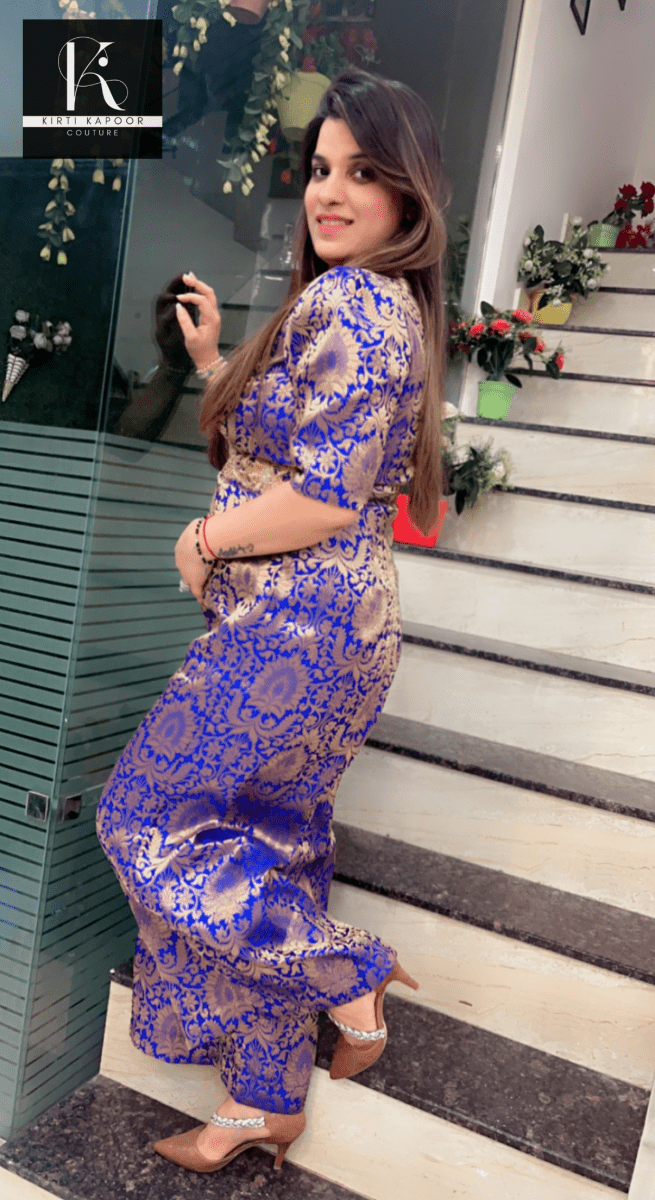Royal Blue Brocade Jumpsuit - Kirti Kapoor Couture