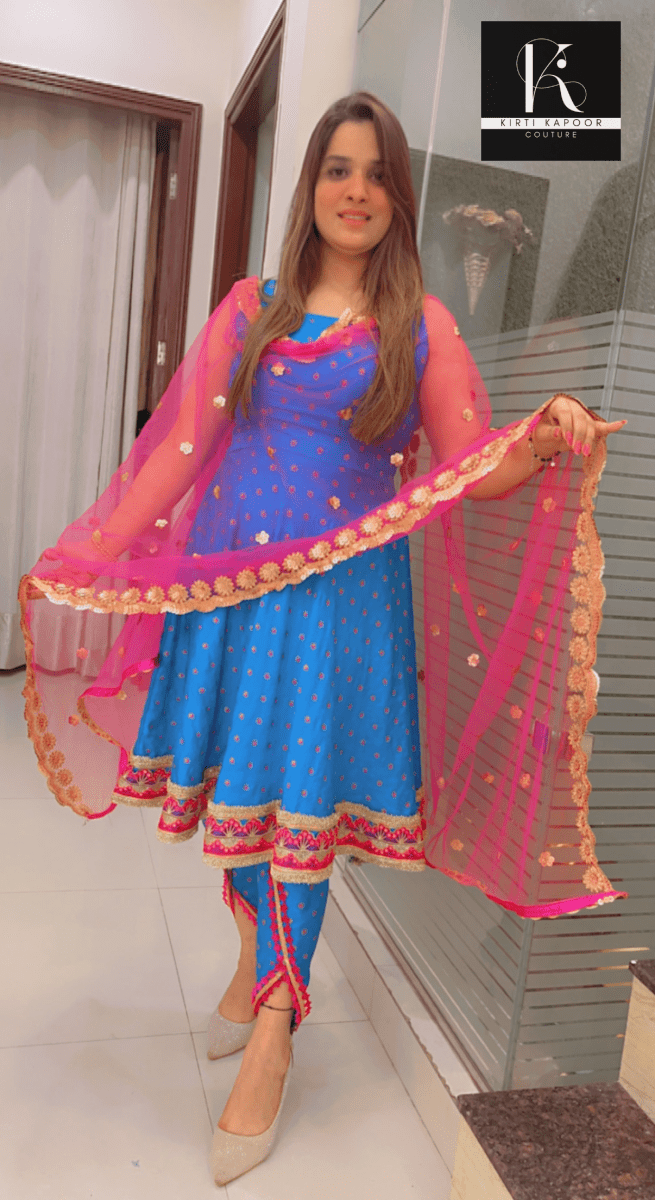 Royal Blue Brocade Suit with Tulip Dhoti - Kirti Kapoor Couture