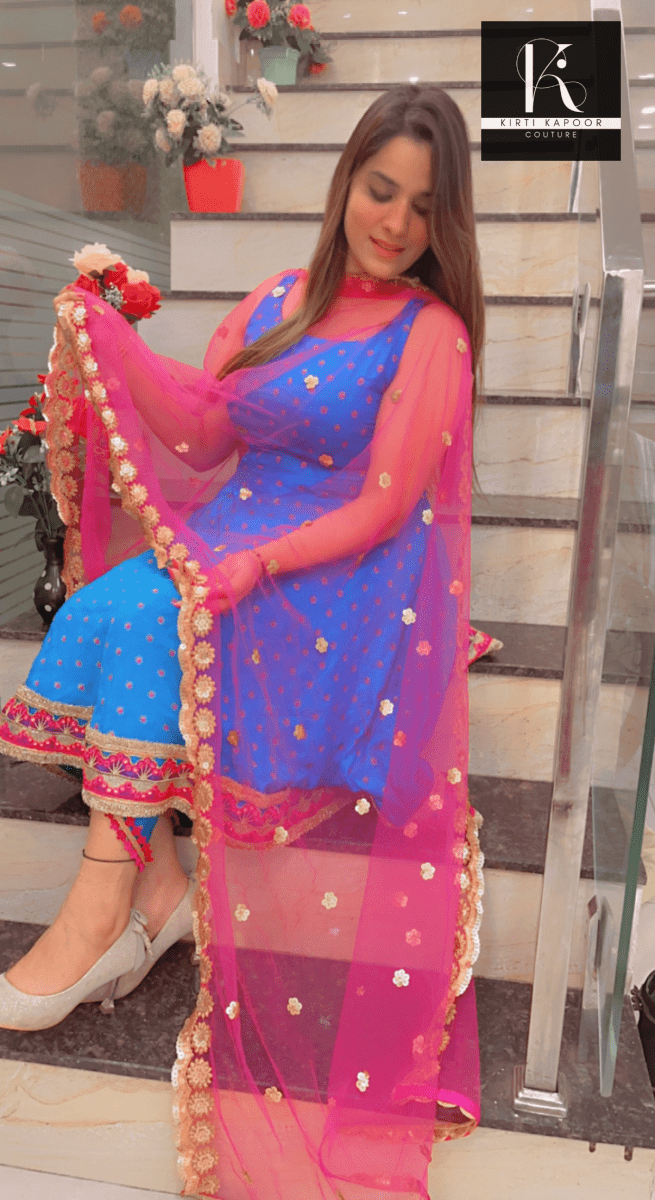 Royal Blue Brocade Suit with Tulip Dhoti - Kirti Kapoor Couture