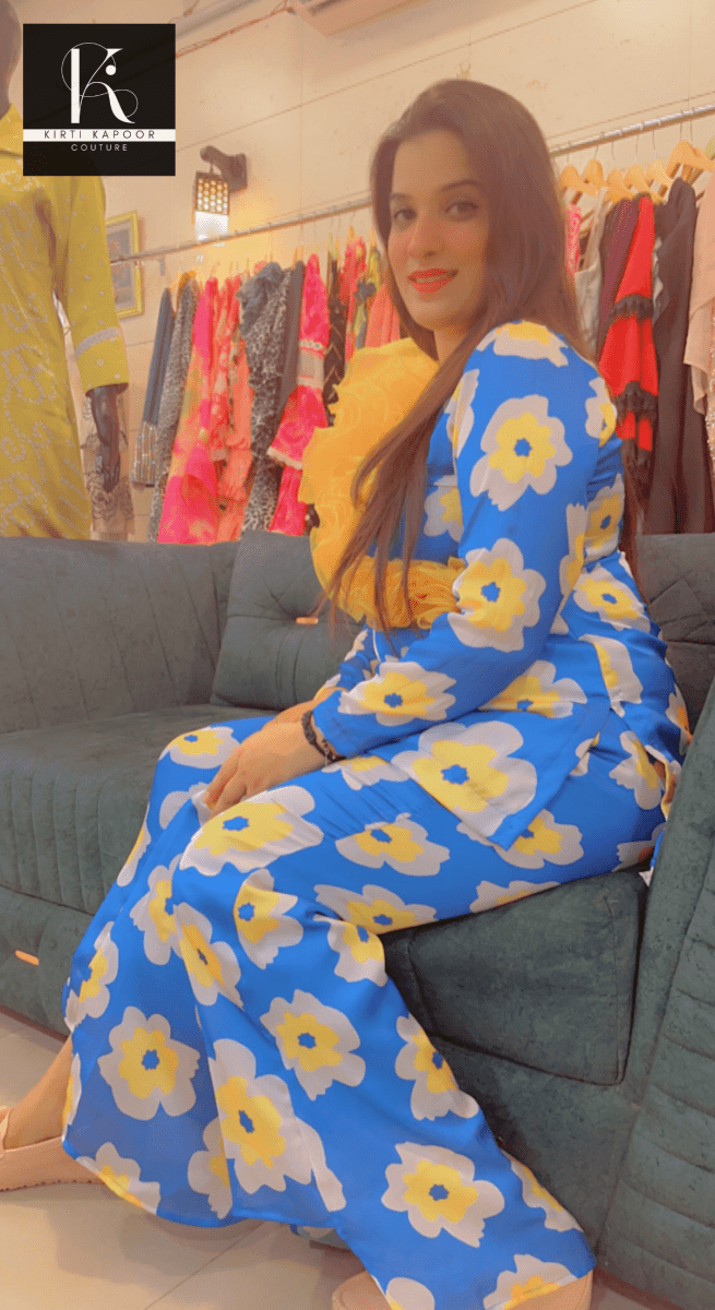 Royal Blue Floral Print Co - ord Set With Yellow Highlights - Kirti Kapoor Couture