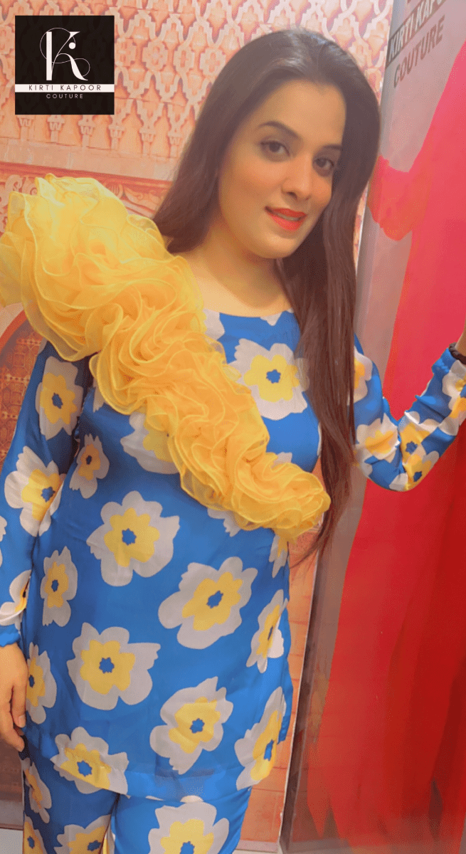 Royal Blue Floral Print Co - ord Set With Yellow Highlights - Kirti Kapoor Couture