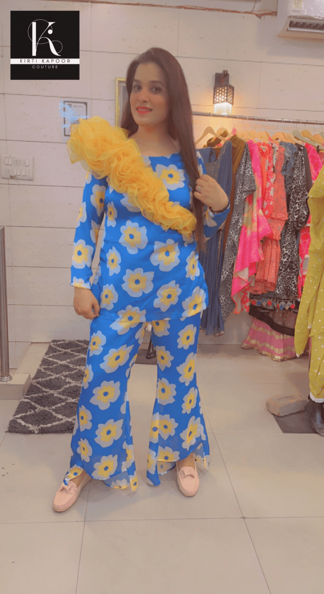 Royal Blue Floral Print Co - ord Set With Yellow Highlights - Kirti Kapoor Couture