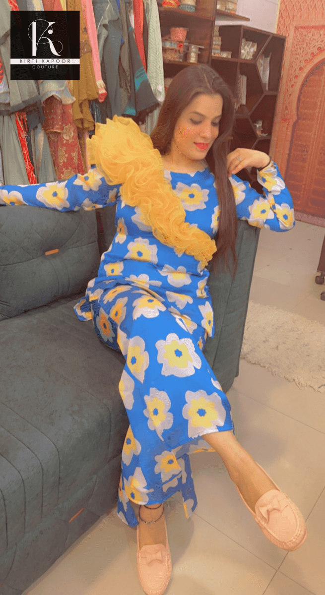 Royal Blue Floral Print Co - ord Set With Yellow Highlights - Kirti Kapoor Couture