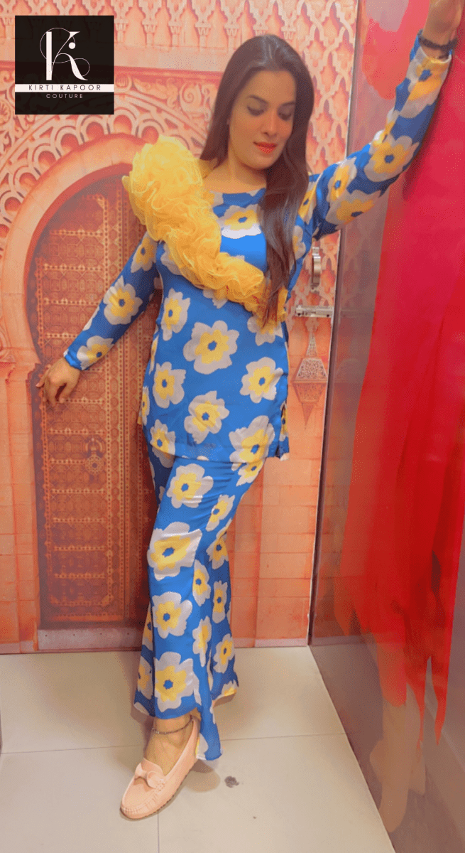 Royal Blue Floral Print Co - ord Set With Yellow Highlights - Kirti Kapoor Couture