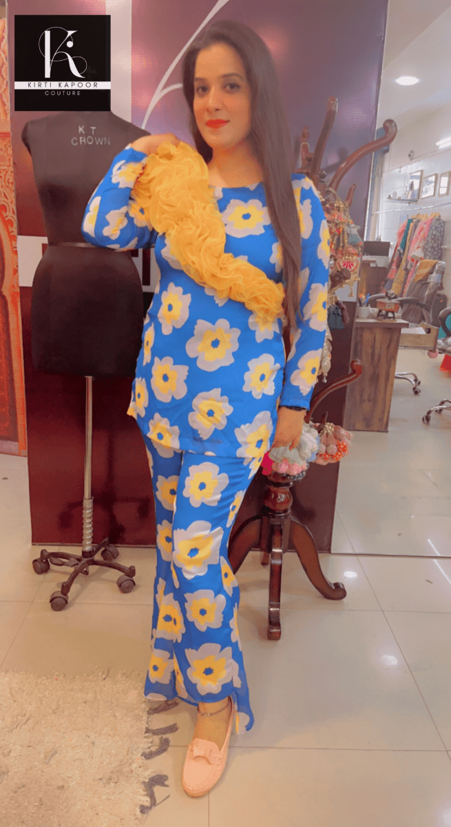 Royal Blue Floral Print Co - ord Set With Yellow Highlights - Kirti Kapoor Couture