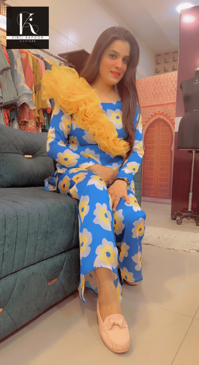 Royal Blue Floral Print Co - ord Set With Yellow Highlights - Kirti Kapoor Couture