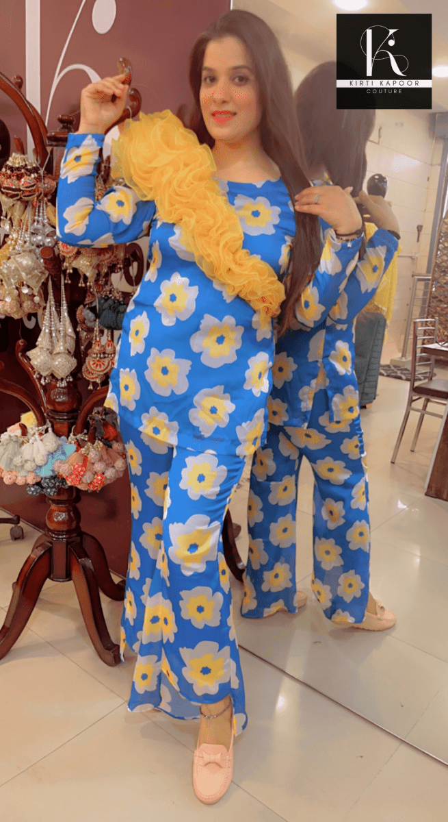 Royal Blue Floral Print Co - ord Set With Yellow Highlights - Kirti Kapoor Couture