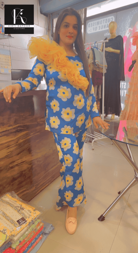 Royal Blue Floral Print Co - ord Set With Yellow Highlights - Kirti Kapoor Couture