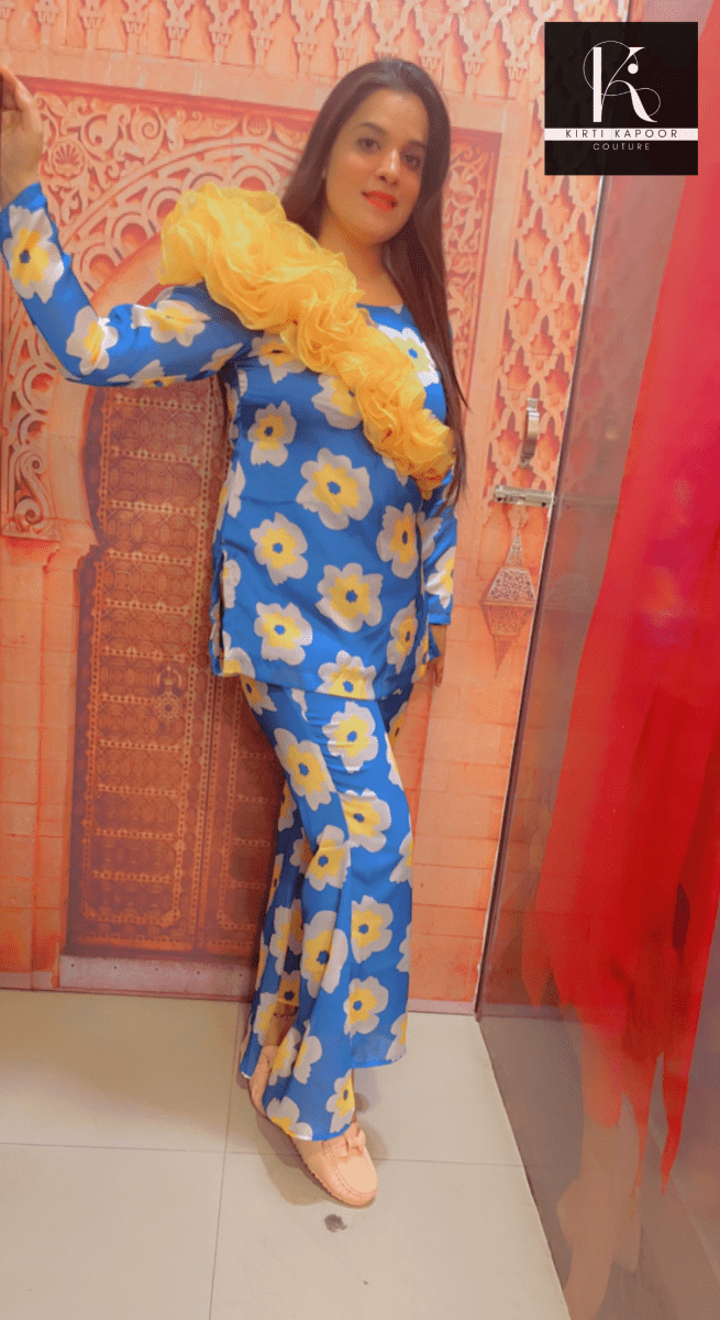 Royal Blue Floral Print Co - ord Set With Yellow Highlights - Kirti Kapoor Couture