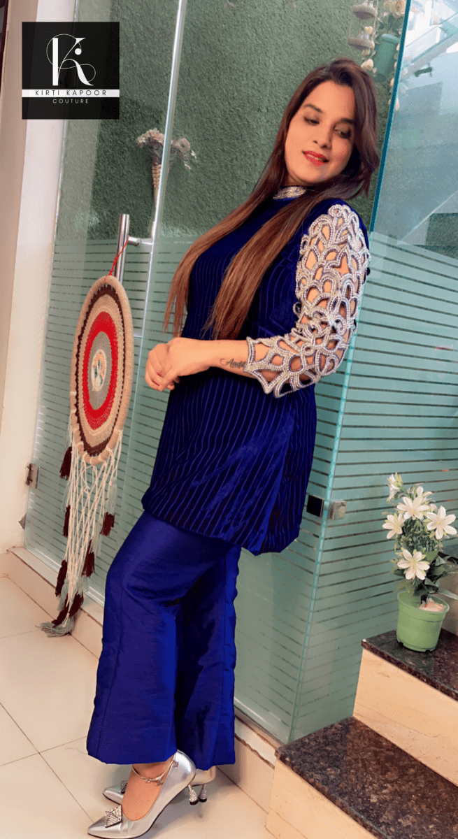 Royal Blue Jarkan Worked Velvet Set - Kirti Kapoor Couture