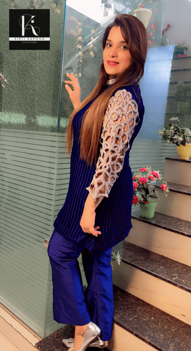 Royal Blue Jarkan Worked Velvet Set - Kirti Kapoor Couture