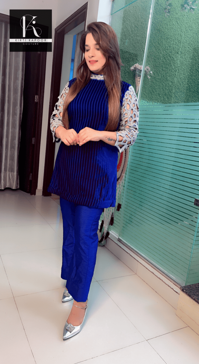 Royal Blue Jarkan Worked Velvet Set - Kirti Kapoor Couture