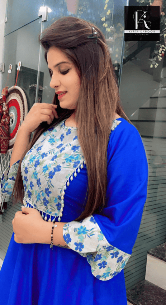 Royal Blue Patch - Worked A - line Kurti Set - Kirti Kapoor Couture