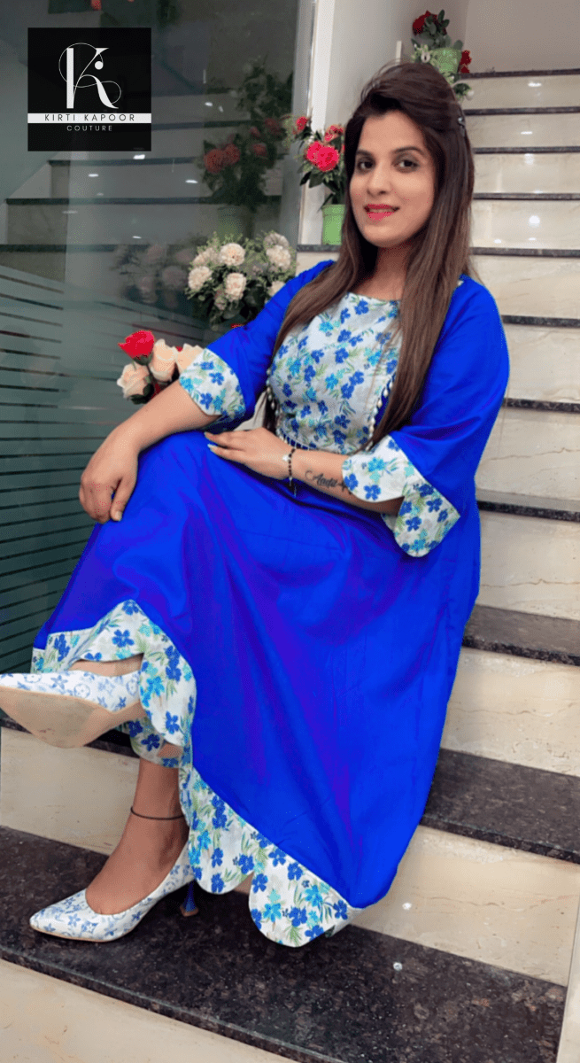 Royal Blue Patch - Worked A - line Kurti Set - Kirti Kapoor Couture