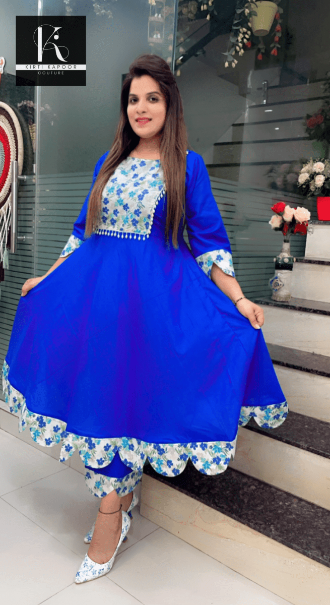 Royal Blue Patch - Worked A - line Kurti Set - Kirti Kapoor Couture