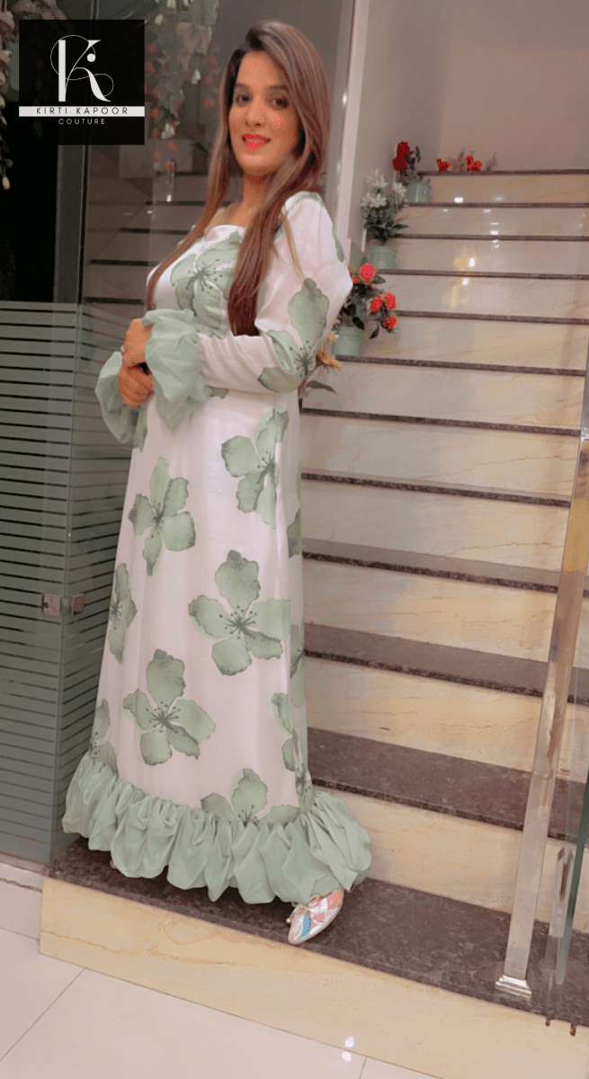 Ruffled Gown Dress With Big Floral Design - Kirti Kapoor Couture