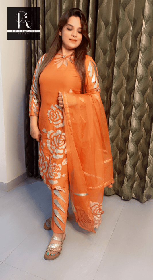 RustyOrange Organza Suit with Shimmer Designing - Kirti Kapoor Couture
