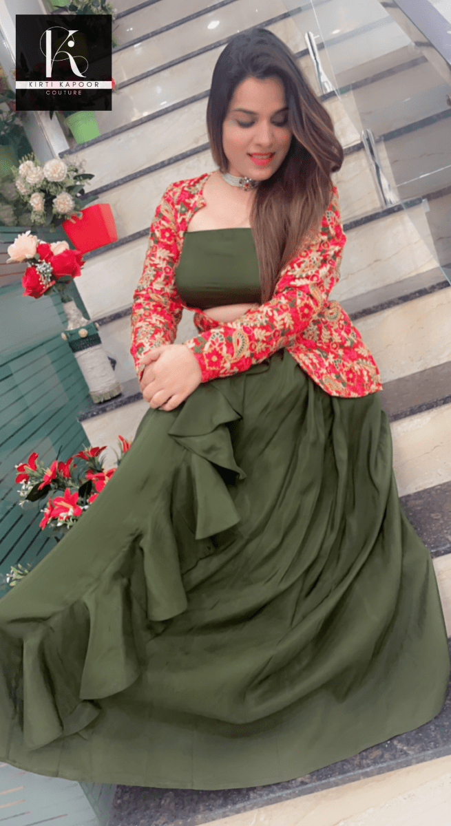 Sap Green Drape Set with Embroidered Jacket (Dress) - Kirti Kapoor Couture