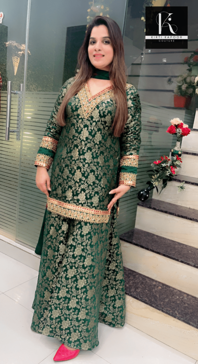 Sap Green Overall Brocade Plazo Suit - Kirti Kapoor Couture Sap Green Overall Brocade Plazo Suit - Kirti Kapoor Couture