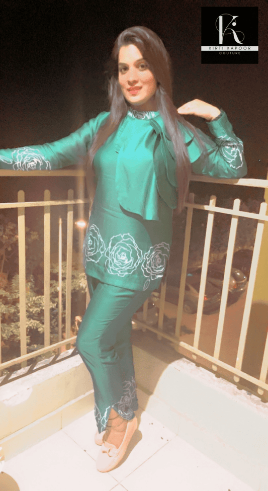 Satin Georgette Co - ord Set With Floral Design - Kirti Kapoor Couture