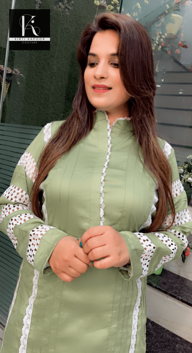 Sea - Foam Coloured Designer Cotton Kurti Set - Kirti Kapoor Couture