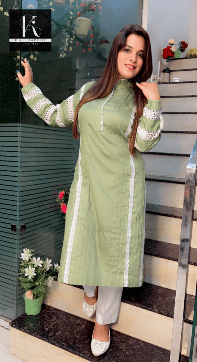 Sea - Foam Coloured Designer Cotton Kurti Set - Kirti Kapoor Couture