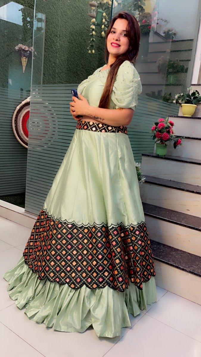 Sea - Foam Designer Lehenga Choli with Peacock (Fabric) Highlights - Kirti Kapoor Couture