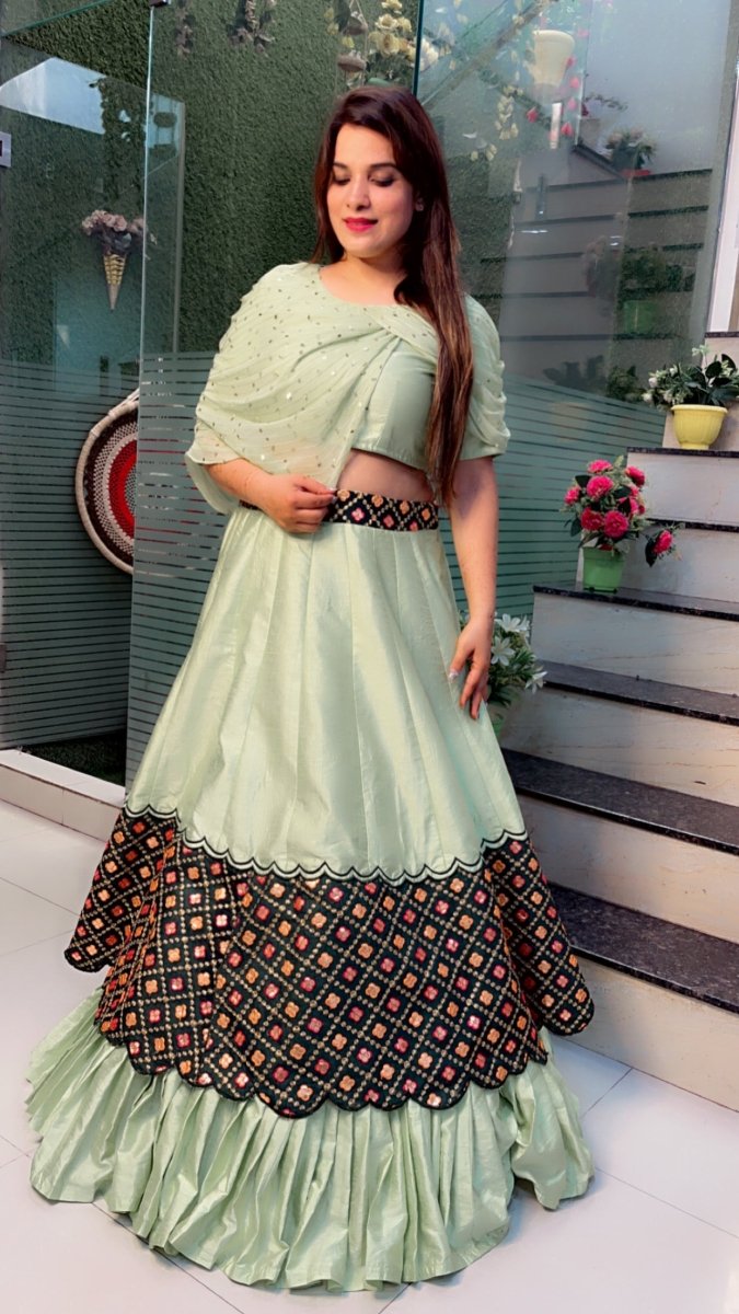 Sea - Foam Designer Lehenga Choli with Peacock (Fabric) Highlights - Kirti Kapoor Couture