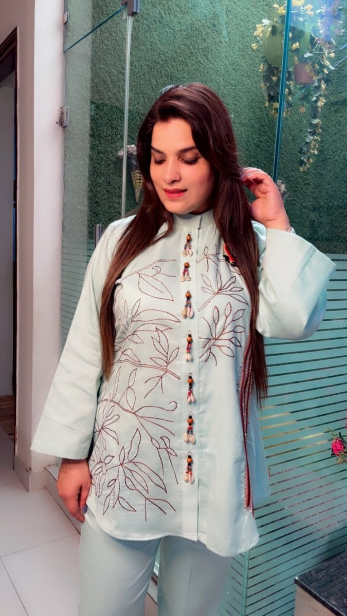 Sea Green Cotton Co - ord Set with Embroidered Long Tail Parrot (Anchor Highlights) - Kirti Kapoor Couture