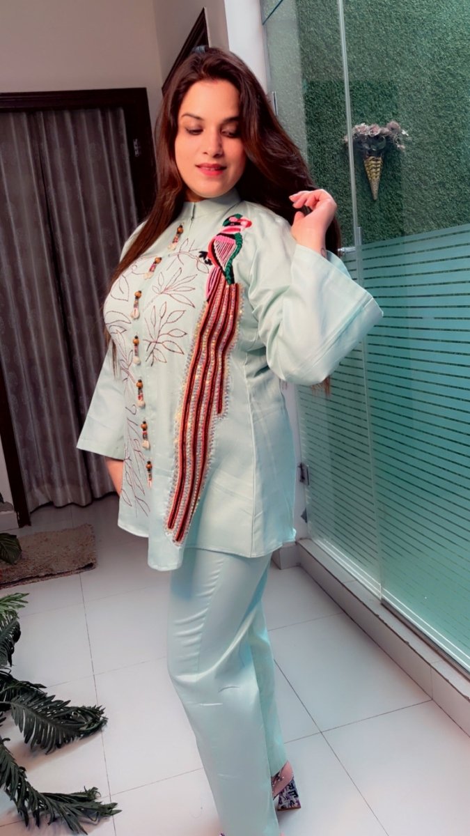 Sea Green Cotton Co - ord Set with Embroidered Long Tail Parrot (Anchor Highlights) - Kirti Kapoor Couture