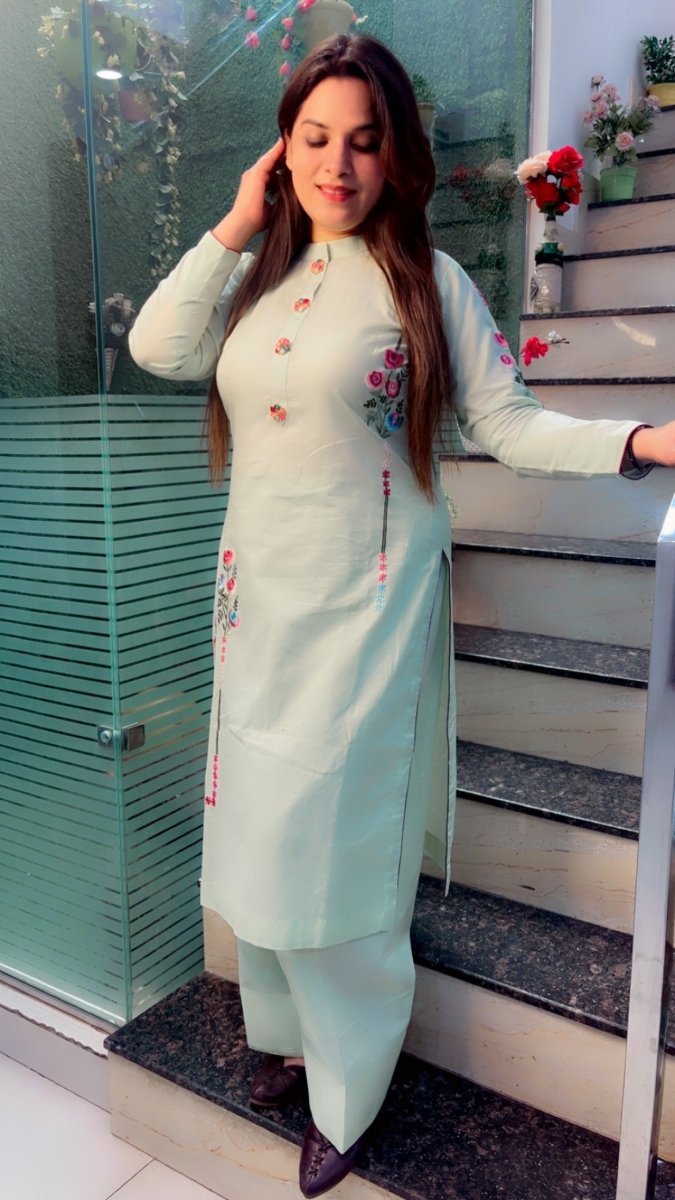 Sea - Green Embroidered Farshi Salwar and Kurti Set - Kirti Kapoor Couture