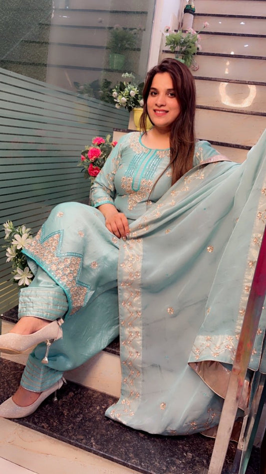 Sea - Green Embroidered Gotta - Patti Salwar Suit - Kirti Kapoor Couture