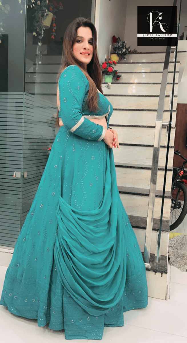 Sea Green Lucknowi Draped Lehenga Choli - Kirti Kapoor Couture