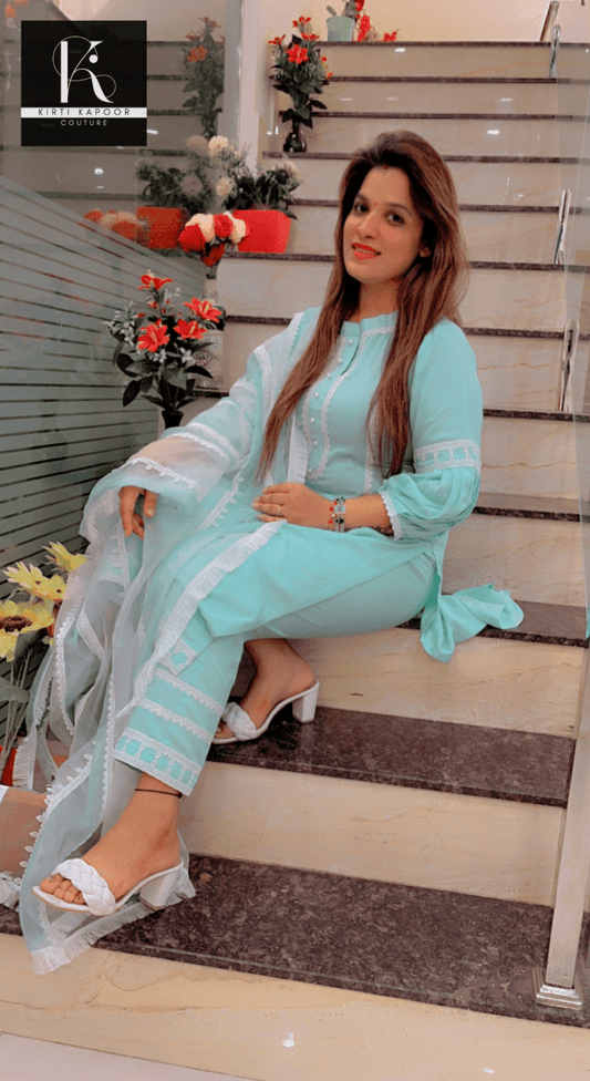 Sea Green Suit with a duo - colored Organza Dupatta (Overall Lace - work) - Kirti Kapoor Couture