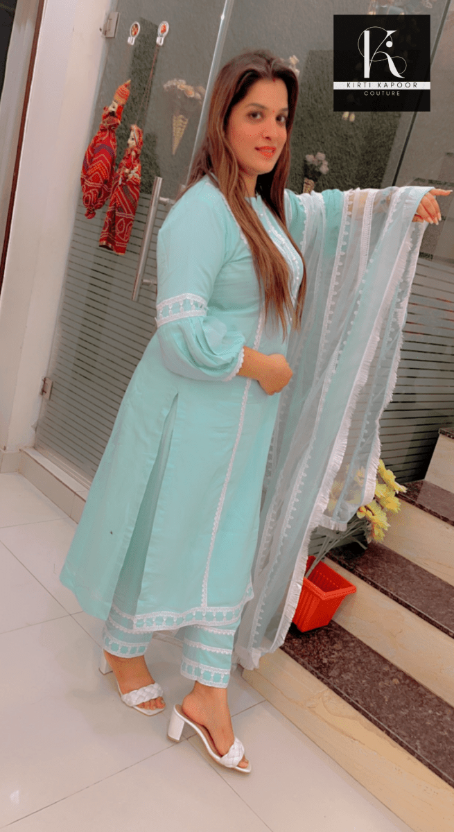 Sea Green Suit with a duo - colored Organza Dupatta (Overall Lace - work) - Kirti Kapoor Couture