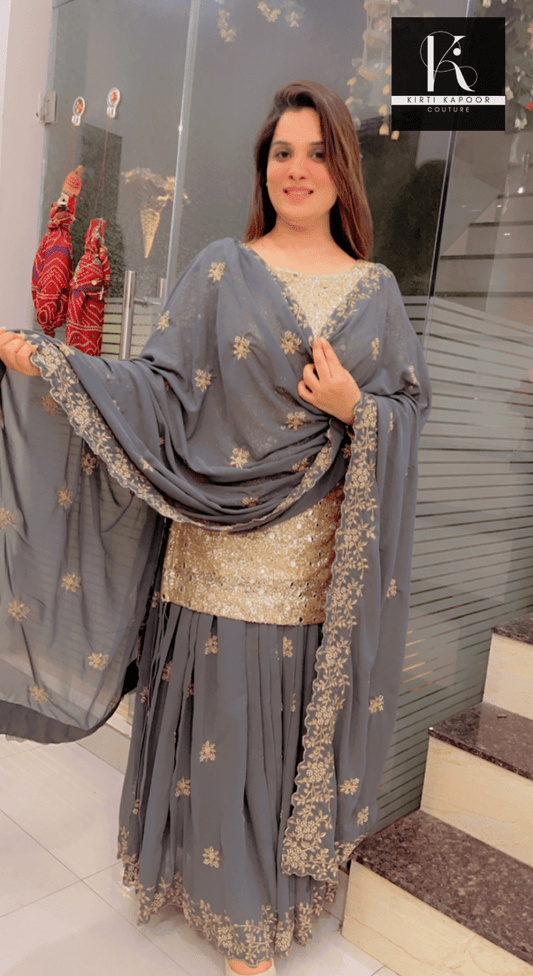 Sequence Shirt with Grey Skirt and Dupatta - Kirti Kapoor Couture